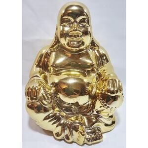 Buddha Statue Bank Sitting Smiling Resin Metallic Gold Peace& Calm Feng Shui